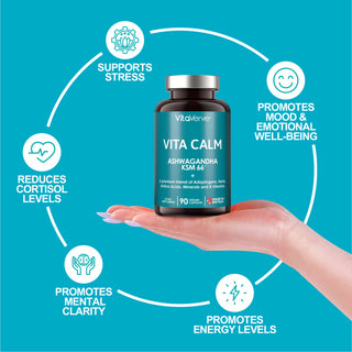 Vita Calm All-in-one Stress Relief with Ashwagandha KSM 66 12000mg (High Strength 12:1 Extract) Rhodiola Rosea, Passion Flower, Lemon Balm, Bacopa, L- Theanine, Magnesium, B Complex, Folate & Zinc